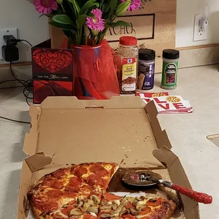 Well done in pepperoni half mushroom Valentine's Day pizza. Delicious as always