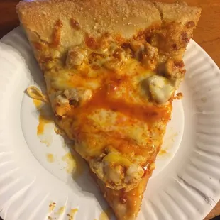 My favorite! Buffalo chicken pizza with HOT sauce! (You choose your own). Look how HUGE a slice is!