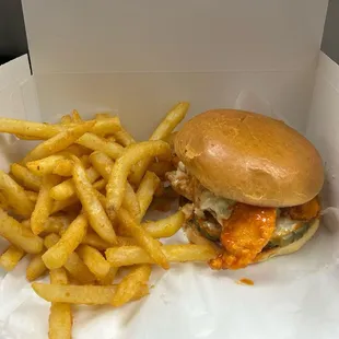 Hot chicken sandwich lunch meal.