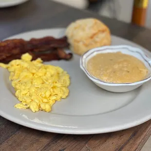 Eggs, Bacon, Cheese grits w/ biscuit