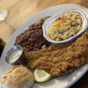 Southern Fried Catfish, red beans &amp; rice, Macaroni &amp; Cheese, Buttermilk Biscuit