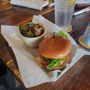Grilled chicken sandwich with crispy brussels