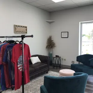 a clothing rack in a waiting room