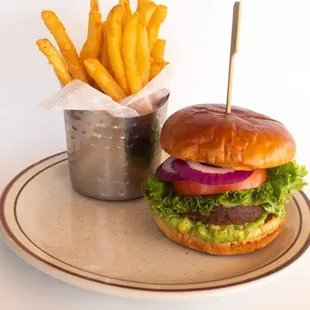 a hamburger and french fries on a plate