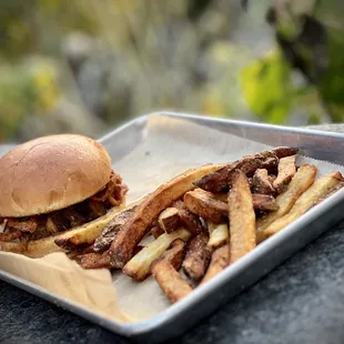 a burger and fries