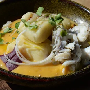 Gnocchi with Butternut Squash Sauce, Leek, Microgreens and Crab