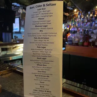 a menu for beer, cid, cid, and seltzer