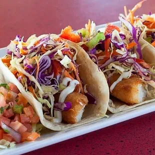 Blackened Fish Tacos with Mexican Slaw and LIme Mayo.