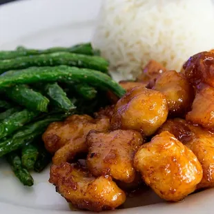 Our Signature Orange Chicken Dinner with Steamed Rice and Crispy Green Beans
