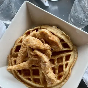 chicken and waffles - not worth price. tasted like a frozen waffle warmed up with tyson frozen chicken strips.