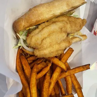 Hand Breaded Catfish Po-Boy with sweet potatoe fries