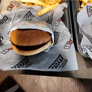 a hamburger and french fries