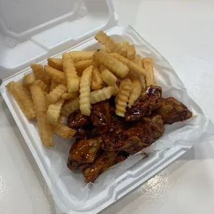 Teriyaki wings and fries