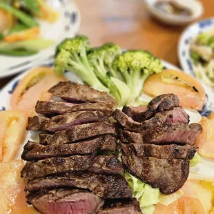 a plate of steak and vegetables