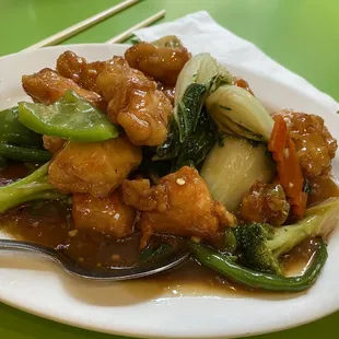 Fried Chicken with Mixed Vegetables (carrots, bok choy and green peppers) in a brown sauce