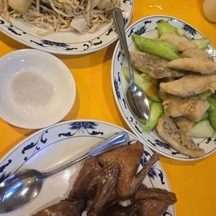Seafood efu noodles (yi mien), squash with fried fish filet, roasted squab