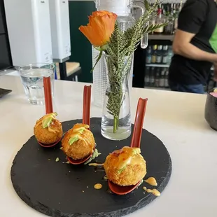 The owner Sam threw these together for us and as of now they&apos;re not menu items but should be! Tempura battered crab balls with avocado!