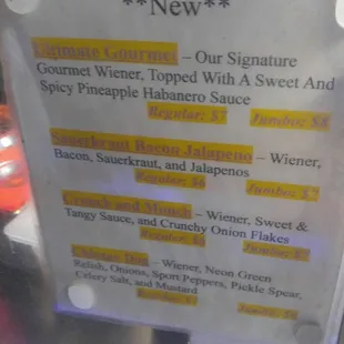 a menu for a hot dog