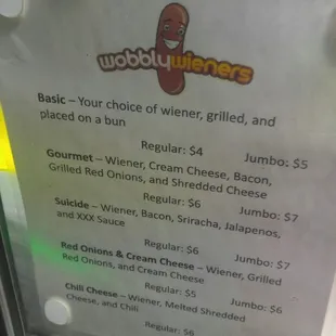 a menu for a hot dog