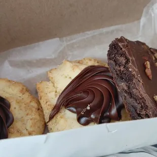 Fresh chinese cookies and  a brownie.