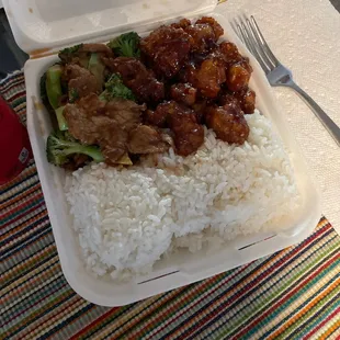 a meal in a styrofoam container