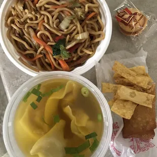 Pork lo mein, won ton soup and egg roll