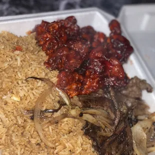 a plate of rice and meat