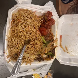 Combo plate: Sweet and sour pork, Mongolian Beef, w/ chowmein