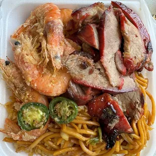Fried Shrimp &amp; BBQ Pork with Fried Rice and Chow Mein