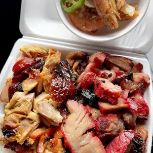 BBQ Pork BBq Chicken. Fried Shrimp. White rice. Chow mein.
