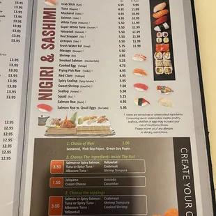 menu, sushi and sashimi