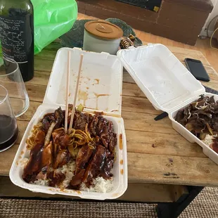 Left: chicken teriyaki bowl (w/rice, noodles, veggies), right: chicken teriyaki and beef lunch combo