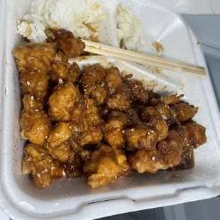 Sesame Chicken Plate. Pretty good! Not super plain. Fairly decent taste! Plate size comparison to water bottle in another pic. ($14)