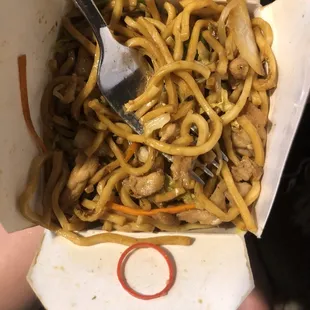 That my friends is a rubber band in my Chicken Lo Mien.