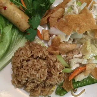 Vietnamese egg roll, chicken chow mein, fried rice.