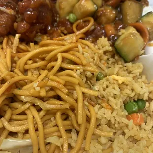 Orange Chicken w mushroom chicken, rice and chow-main