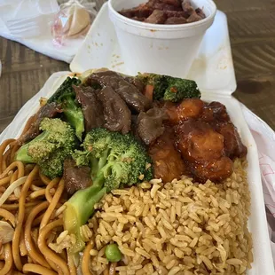 Combo C with orange chicken, beef and broccoli, BBQ pork