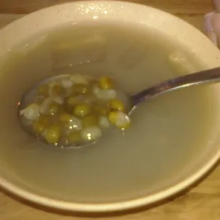Mung Bean soup, a sweet summertime tradition, was offered as a dessert.