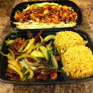 Dan Dan Noodles and Mongolian Beef.