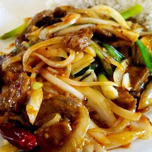 Mongolian beef with steamed rice  $8