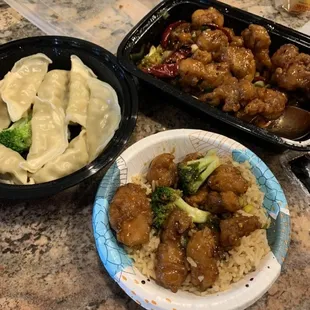 General tso's chicken, dumpling, and fried rice, !