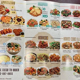 a menu for a variety of food items