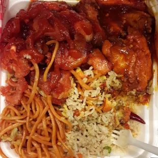 Sweet n sour pork, spicy chicken wings, chow mien, and fried rice. DELICIOUS. * SORRY, couldn't help myself had to dig in right away.