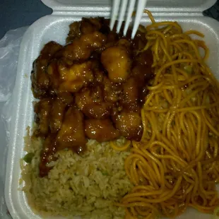 Chow mein &amp; Fried rice with Orange chicken for $4.30