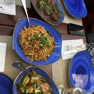 Chili Garlic Noodles, Braised Chili Tofu, Vegetable Manchurian (Gravy)