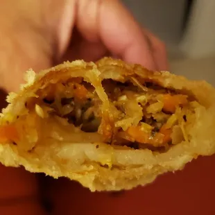 Interior of fried egg rolls ($7.50), vegan by default. Good filling. Huge at 8 inches.