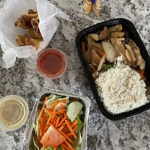 Lunch special with: cream cheese wontons, ginger salad and Slayer Stir Fry (just ok)