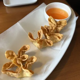 Wontons (we ate some so quick because they&apos;re so good! I believe it&apos;s an order of 7 or 8 total)