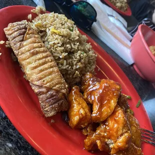 Orange chicken combo with fried rice and egg roll