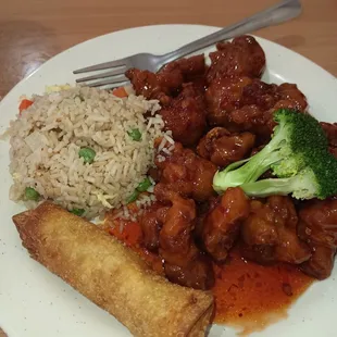 Lunch plate: Orange chicken, spring roll, fried rice and tea for $11